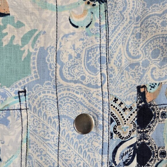 Chico's 100% Linen Blue Floral Paisley Reversible Snap Lightweight Jacket Boho - Picture 7 of 10